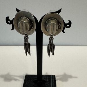 Southwestern Sterling Silver Cowboy Hat Earrings with Feather Charms Vintage